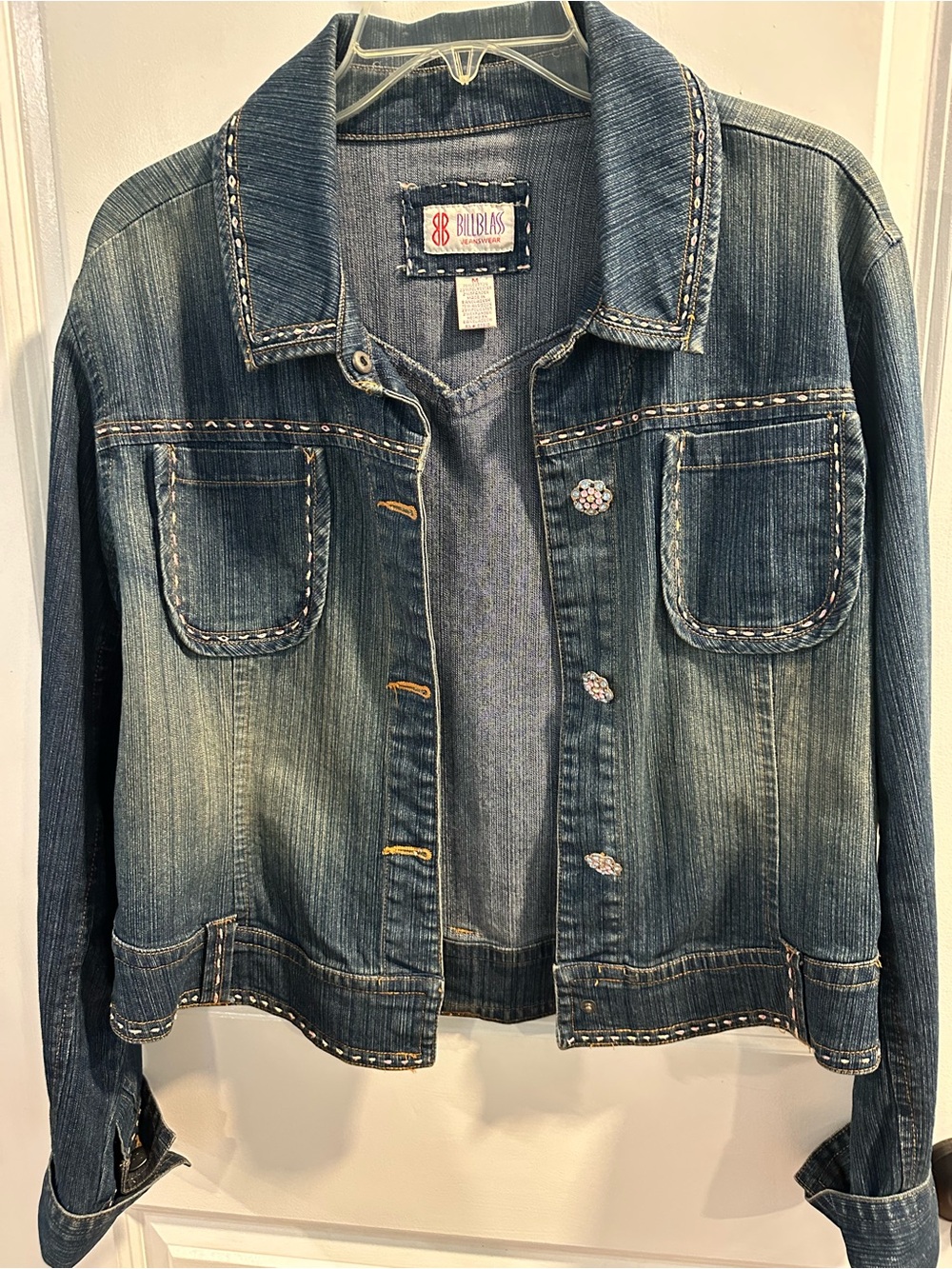 bill blass Distressed Blue Denim Jacket with Decorative Stitching